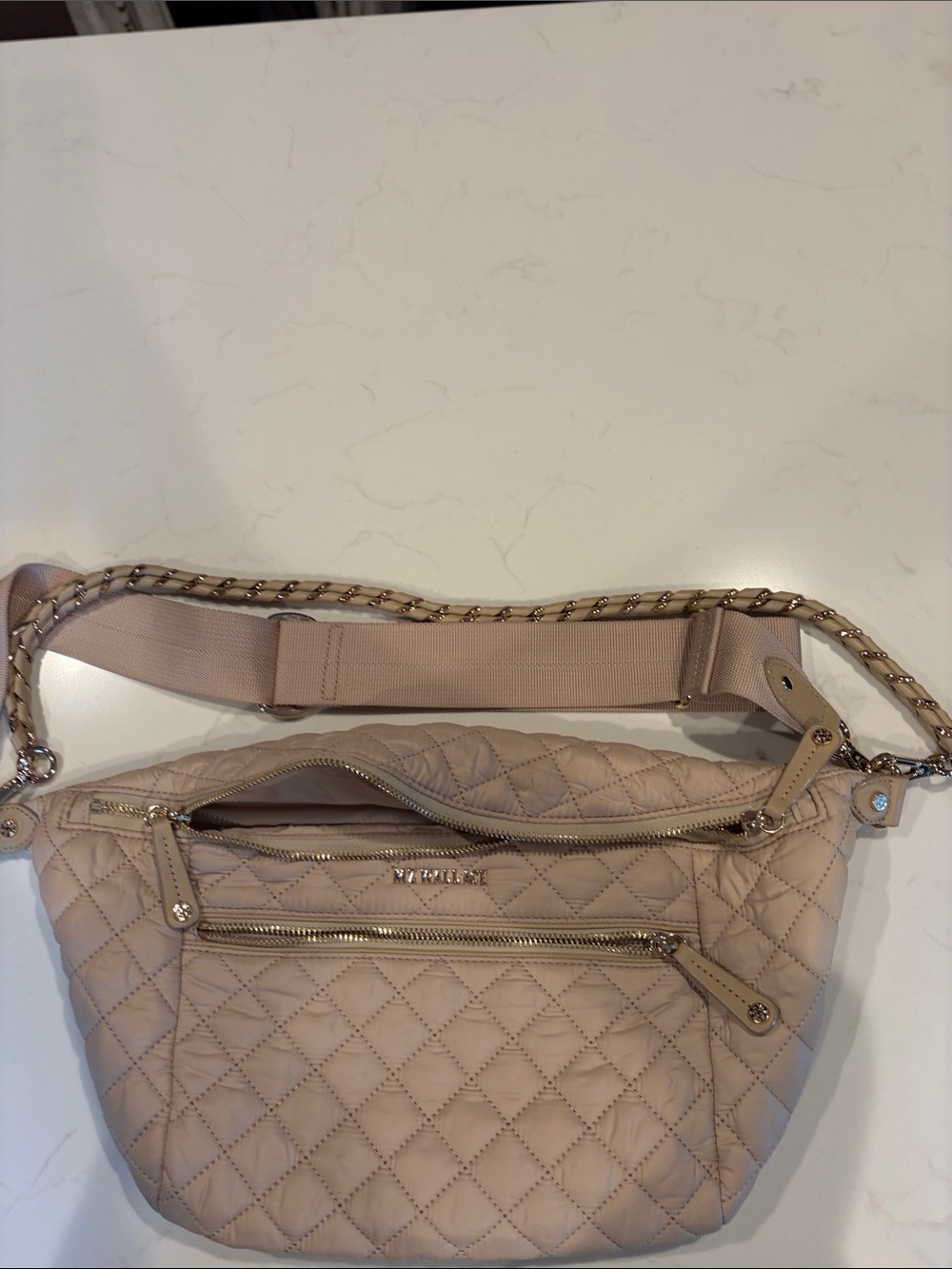 MZ Wallace Quilted Beige Women's Crossbody Belt Bag with Chain Strap